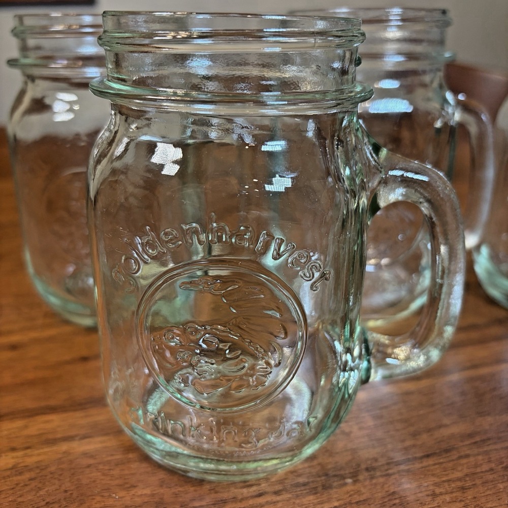 Vintage Golden Harvest Set of 4 Drinking Jars With Handles Mason Clear Glass